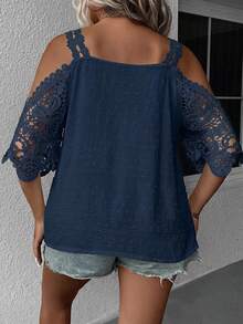 SHEIN Clasi Plus Size Women Solid Color Off-Shoulder Casual Versatile Daily Wear Blouse - Teal Blue - View 2