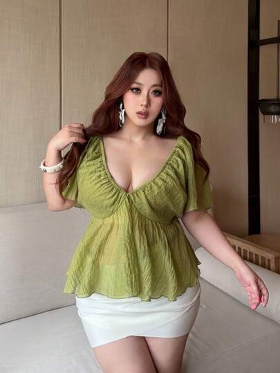 Vibekara Plus Size Women Casual Blouse With Ruched Waist And Flare Sleeves, Spring/Summer