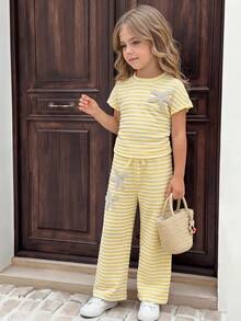 SHEIN Kids Young Girl Casual Vacation Elegant Striped Knit Starfish Decor Form-Fitting Shirred Short Sleeve Top And Matching Pants Set Striped Outfit Set Outfits Sets Yellow And White Outfit Set Striped Two Pieces Set Striped Pants Striped Top Young Girl Sets Young Girl Summer Outfits Young Pant Set Spring And Summer Striped Short Sleeve Suit - Yellow - View 12