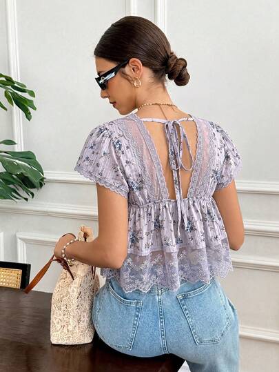 Serisse Women's Casual Floral Print Lace Patchwork Shirt, Summer