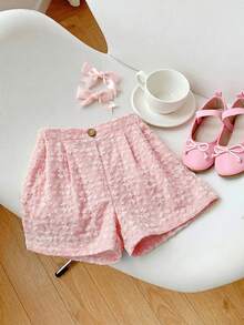 SHEIN Little Byeori 女童撞色编织休闲短裤 - 粉色 - 查看 8