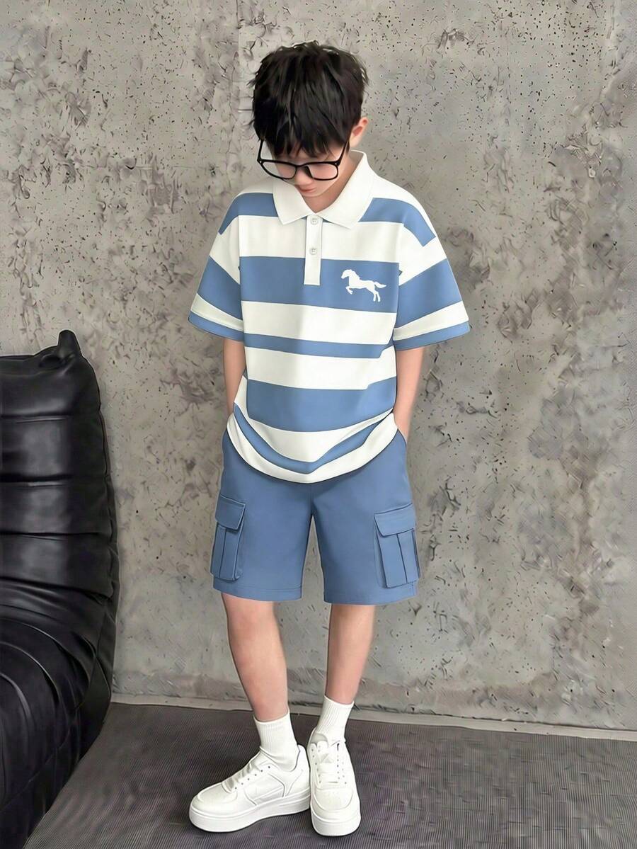 SHEIN Casuvi Kids 男童春夏短袖Polo衫和长裤两件套,时尚针织条纹动物纹印花,休闲舒适大口袋长裤,百搭户外服装 - 彩色 - 查看 1