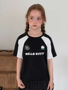 Dazy Kids HELLO KITTY | DAZY Maglietta casual estiva a maniche corte con stampa di lettere e blocchi di colore per ragazze pre-adolescenti - Bianco e nero - Visualizzare 3