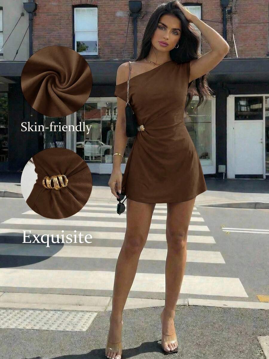 Aloruh Đầm nữ thanh lịch dáng bất đối xứng, màu trơn, kiểu dáng mùa hè đa năng, màu be/mơ, tối giản nhưng sang trọng, phù hợp cho công sở, các dịp thường ngày và các sự kiện khác. - Cà phê - Xem 1