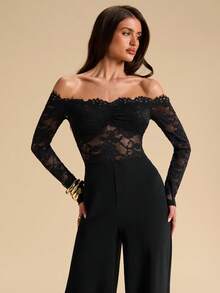 SHEIN Tall CURVE جمبسوت رسمية أنيقة للسمينات بتصميم كتف مكشوف مع تطريز الدانتيل - الأسود - مشاهدة 8