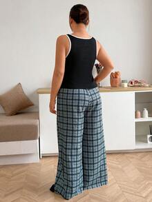 Napfluff CURVE Napfluff CURVE Contrast Color Trim Bow Decor Vest & Plaid Print Pants Plus Size Pajama Set - Multicolor - View 2