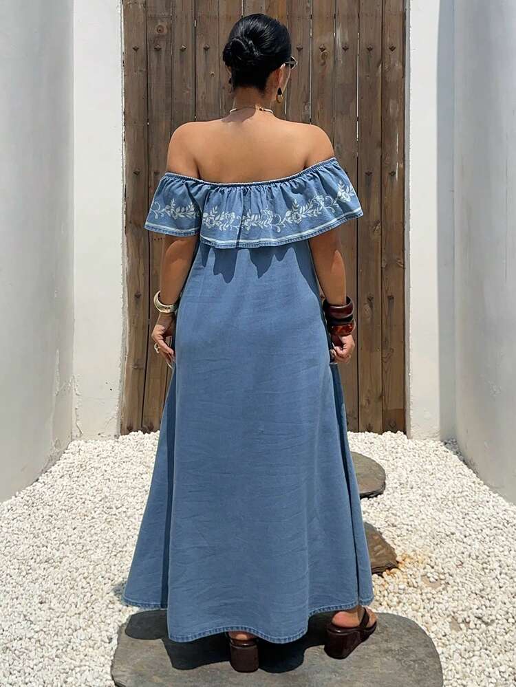 Dazy Plus Plus Size Women's Off-Shoulder Floral Print Ruffle Hem Long Denim Maxi Dress, Vacation Style Sun Dresses For Women