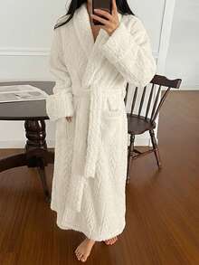 DAZY Women's Minimalist Textured Fleece Long Robe, Winter Loungewear - White - View 1