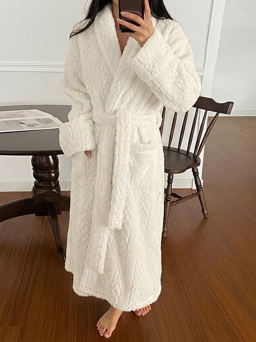 DAZY Women's Minimalist Textured Fleece Long Robe, Winter Loungewear - White - View 1