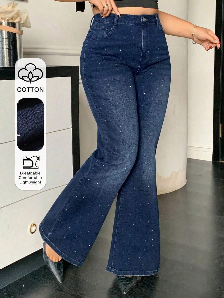 Dazy Plus Plus Size Women Washed Elastic Fitted Sequin Decor Flare Leg Jeans - Dark Wash - View 1