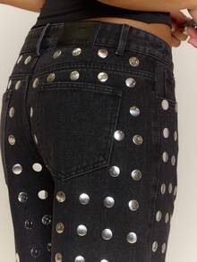 MUSERA Low Rise Mirrored Disc Wide Leg Denim Jorts Sexy Spring Summer Evening Cute Elegant Date Night Festival Vacation Ibiza Club - Black - View 5