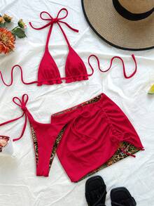 Soleia Bộ bikini họa tiết da báo mới dành cho nữ, kèm váy, họa tiết đồng bộ, kiểu buộc dây cổ, thiết kế thời trang và gợi cảm. - Nhiều màu - Xem 2