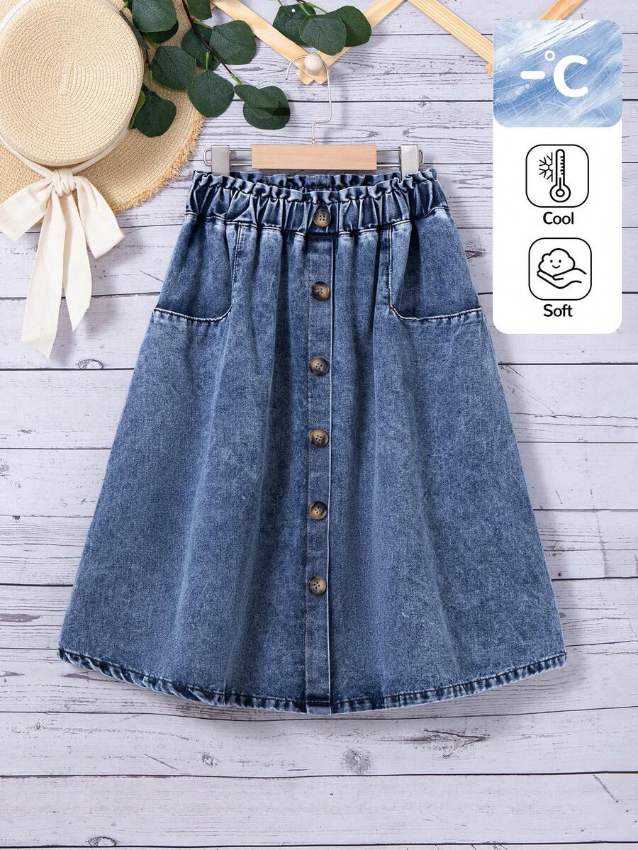 SHEIN 青少年女孩寬鬆休閒A字裙 荷葉邊裙襬前開衩牛仔長裙 夏季度假適用 - 深色水洗藍 - 查看 1