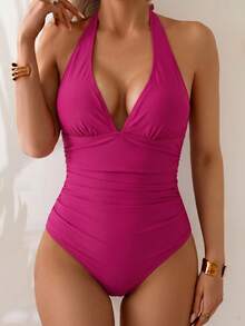 Shapewave Tummy Control One-Piece Swimsuit With Solid Color Design, Halter Neck And Criss-Cross Back Holiday Beach Holiday Summer - Red Violet - View 4