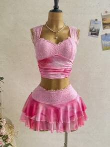 Soleia Bộ đồ 2 món dành cho nữ, gồm áo tank top và chân váy ngắn hở lưng phối ren, thích hợp cho kỳ nghỉ. - Nhiều màu - Xem 6