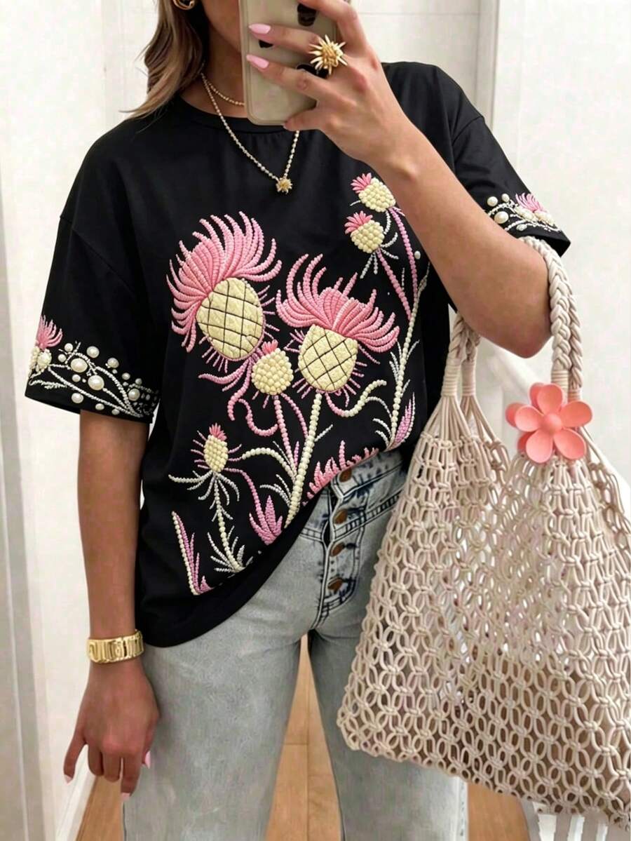 EMERY ROSE Printed Short-Sleeved Top, Regular Sleeve Crew Neck T-Shirt, Decorated With Floral Pattern, Casual And Versatile, Suitable For All Seasons. - Black - View 1