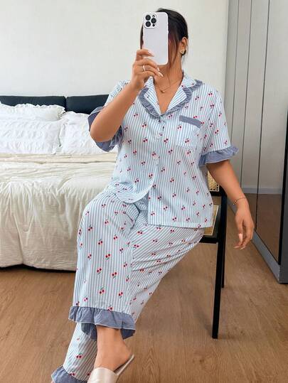 Napfluff CURVE Napfluff CURVE Striped Cherry Print Plus Size Women's Contrast Color Ruffle Trim Short Sleeve Pajama Set With Open Front Collar
