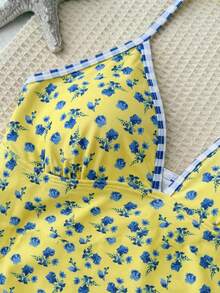 SHEIN Teen Girl Yellow Floral Print Spaghetti Strap Bikini Set,2 Pieces Swimwear For Summer,Beach,Vacation,Holiday,Girly Style Outing Chill Vibe Outfits - Multicolor - View 4