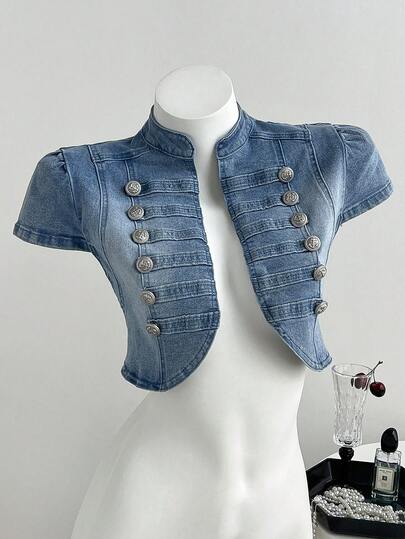 Elamini Women's Fashion Stand Collar Napoleon Button Washed Denim Blouse
