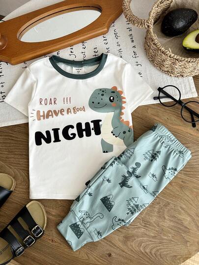 LMoss Kids Young Boy Casual Minimalist Snug Fit Cartoon Dinosaur Print Round Neck Short Sleeve Pants Pajamas, Suitable For All Seasons