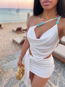 Slaydiva Bộ đồ 2 mảnh thời trang nghỉ dưỡng biển thanh lịch, gợi cảm năm 2026 gồm áo hai dây cổ chữ V màu trắng đính hạt và chân váy xòe, trang phục 2 mảnh quyến rũ cho kỳ nghỉ biển. - trắng - Xem 4