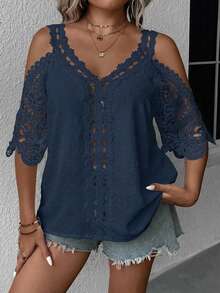 SHEIN Clasi Plus Size Women Solid Color Off-Shoulder Casual Versatile Daily Wear Blouse - Teal Blue - View 5