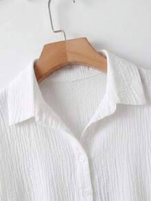 SHEIN CURVE+ 大码宽松休闲纽扣半开襟柔软舒适衬衫 - 白色 - 查看 3