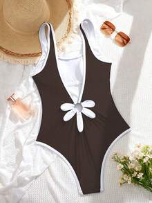 Swim SPRTY Women's Summer Beach Vacation Contrast Color Trim Backless One-Piece Swimsuit - Brown - View 7