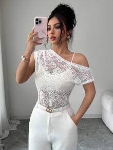 Elenzga Damen minimalistische einfarbige plissierte asymmetrische Schulter Spitzenbluse, Sommer - Weiss - Übersicht 1