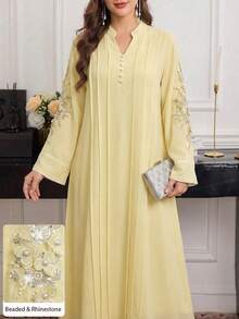 Al Najma Beaded Collar Floral Decor Contrast Trim Notched Neck Long Sleeve Dress - Yellow - View 6