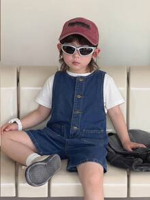 SHEIN Little Byeori Bộ áo liền quần không tay bằng vải denim màu xanh hải quân dáng rộng cho bé trai - Rửa tối - Xem 3