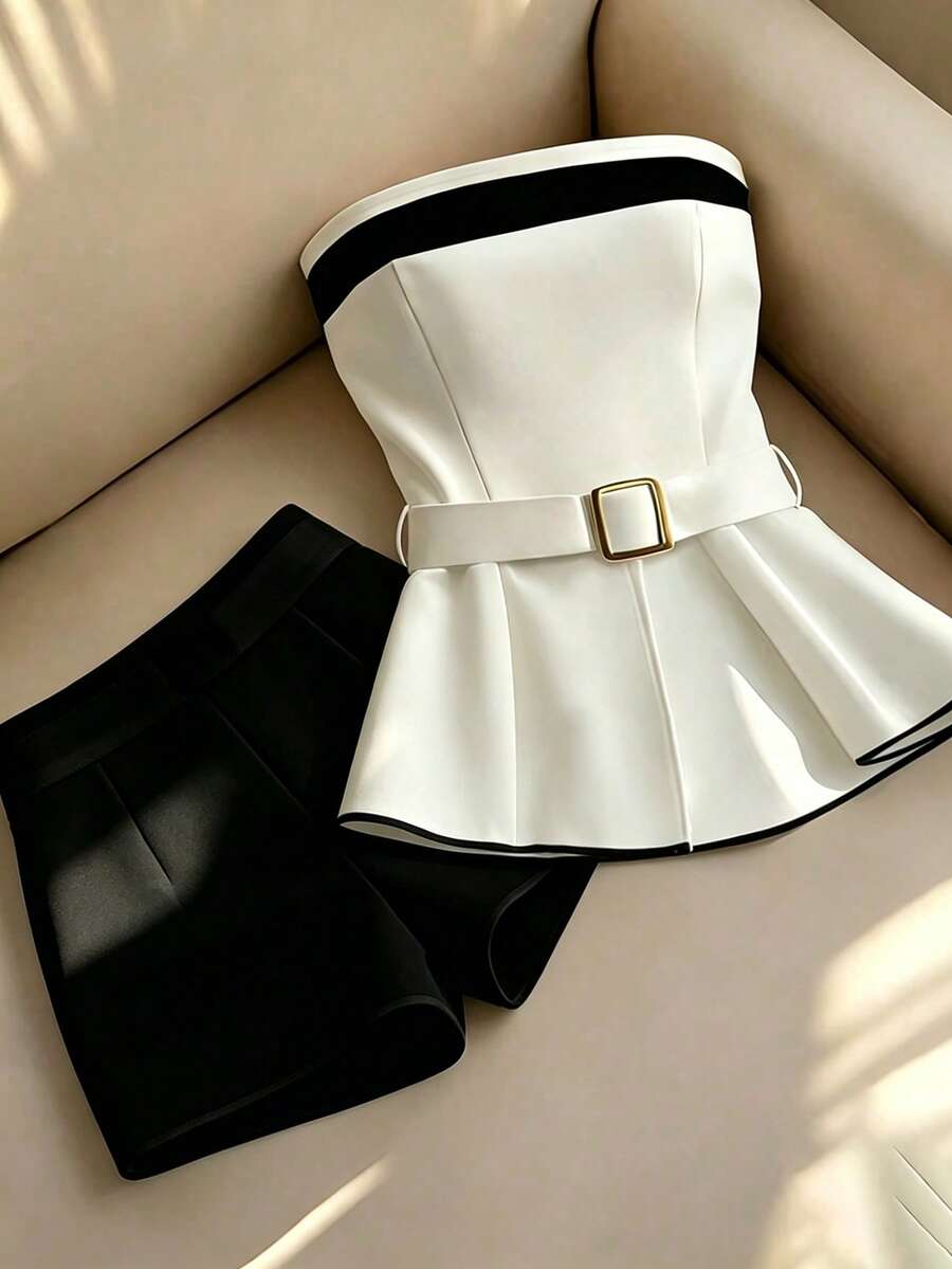 Franclia Women's Contrast Color Fashion Bandeau Top And Shorts 2 Pieces Set - Black and White - View 1
