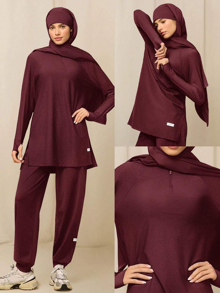 X Reem Modest 1PC Cool Flow Cooling Quick-Dry Sun Protection Thumbholes Split Side Hem Quarter-Zip Oversized Pullover Sweatshirt Training Running Workout Gym Studio Daily Active Wear