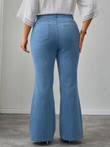 EMERY ROSE Summer Casual Elegant Chic Distressed Wide Leg Light Blue Lace Trim Flare Stretch Denim Daily Wear Going Out Plus Size Women's Elegant Stretch Jeans - Light Wash - View 2