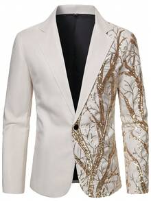 Manfinity Bizformal Men's Sequin Detail Splice Button Long Sleeve Jacket And Pocket Long Pants Suit Set, Ceremony, Formal - Apricot - View 4