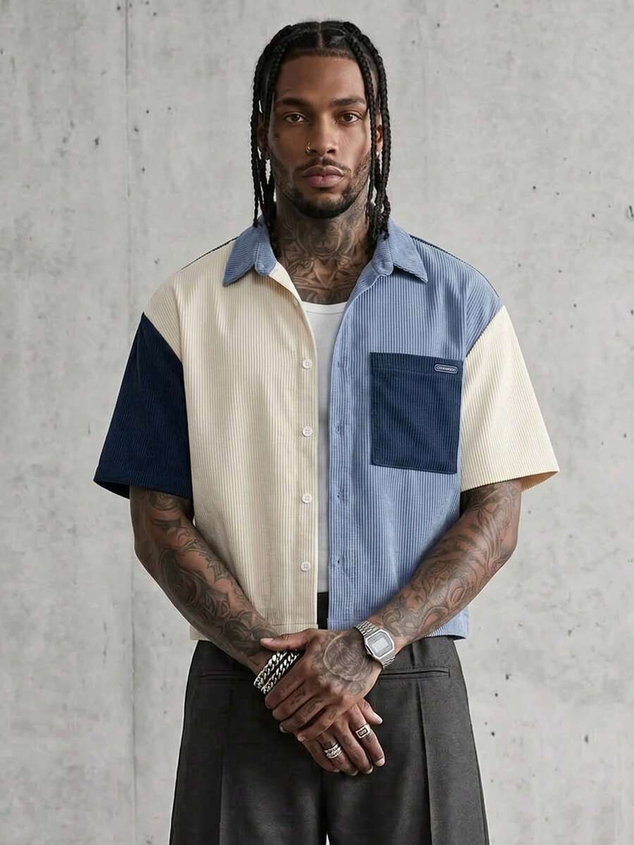 AXEPEAK Men's Patchwork Corduroy Short Sleeve Shirt, Spring/Summer - Blue - View 1