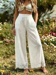 GlowEve Women's Solid Color Minimalist Lace Patchwork Pants - White - View 3