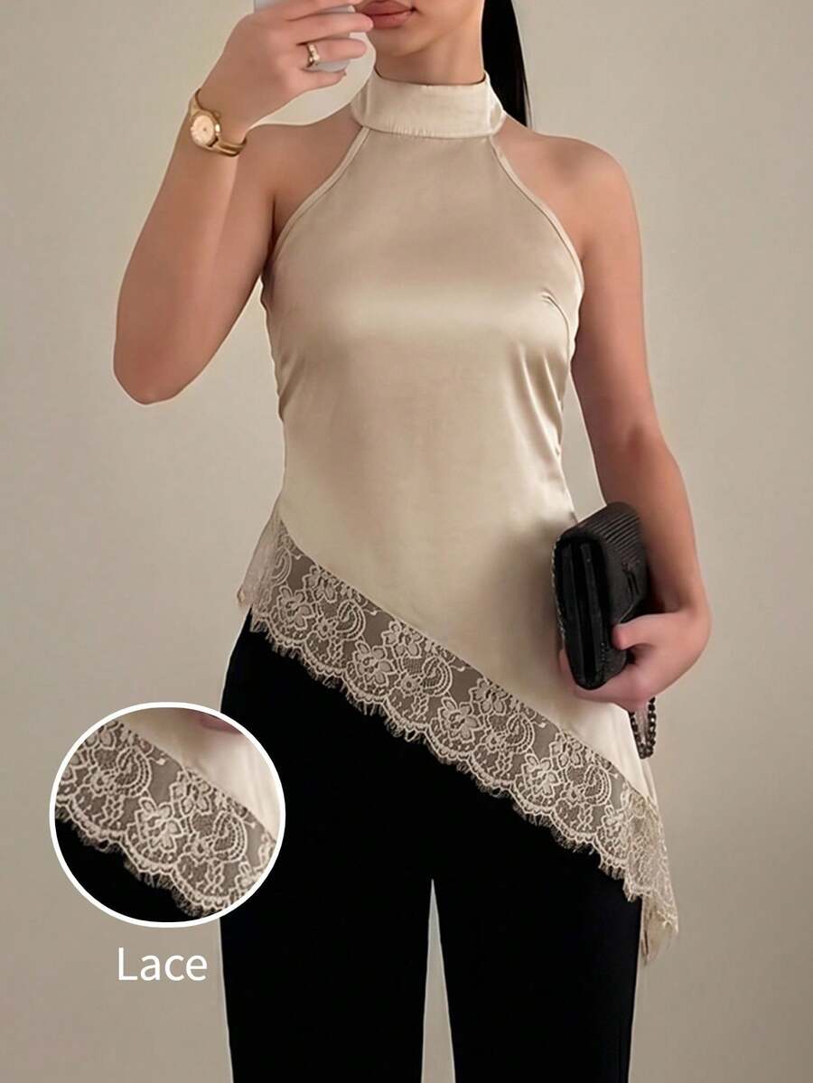 Firerie Áo camisole đen thanh lịch dành cho nữ, phối ren và satin, dây mảnh, vạt áo bất đối xứng, viền ren satin, gợi cảm và đa năng, phù hợp cho ngày Valentine, mùa hè, kỳ nghỉ biển, phong cách nhiệt đới bohemian và nhiều dịp khác.