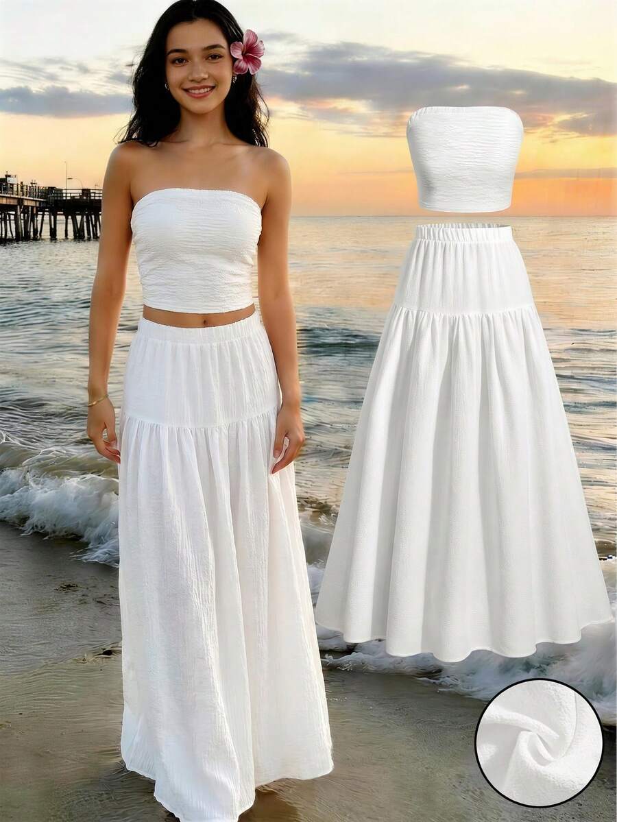 SHEIN Sparklyn 2pcs Teenage Beach Vacation Solid Color Knit Tube Top & Skirt Set - White - View 1