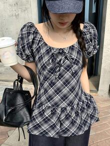DAZY 女款格紋圓領休閒短袖上衣 夏季可愛上衣 校園風 - 藍色 - 查看 5