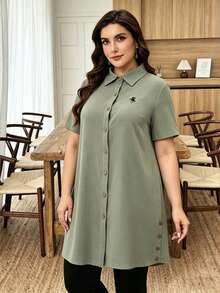 Lacomfia Plus Size Solid Color Long Loose Casual Embroidered Blouse Formal Office Bussines Sage Green Summer - Army Green - View 7