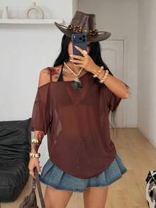 Coolane Trang phục mùa hè dành cho nữ, phong cách đường phố, đi lễ hội âm nhạc, đi chơi, hippie, rave, trang phục thường ngày, kỳ nghỉ, gợi cảm, kiểu miền Tây, đồ đi biển, chất liệu lưới thoáng khí, thoải mái, màu nâu, cổ bất đối xứng, dáng rộng, áo khoác ngoài. - màu nâu - Xem 3