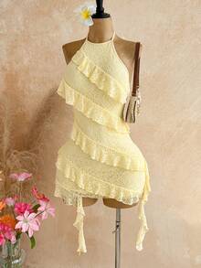 Soleia Women's Fashion Versatile Lace Ribbon Ruffle Hem Halter Neck Tie Dress,Dresses For Women Summer - Khaki - View 9