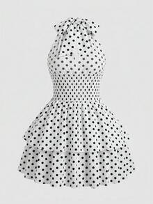 Sweetra CURVE Plus Size Women's Polka Dot Print Drawstring Waist Ruffle Hem Halter Neck Dress - Black and White - View 2