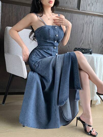 DAZY Đầm hai dây denim bạc màu, phong cách thường ngày dành cho nữ, thích hợp cho mùa xuân và mùa hè.