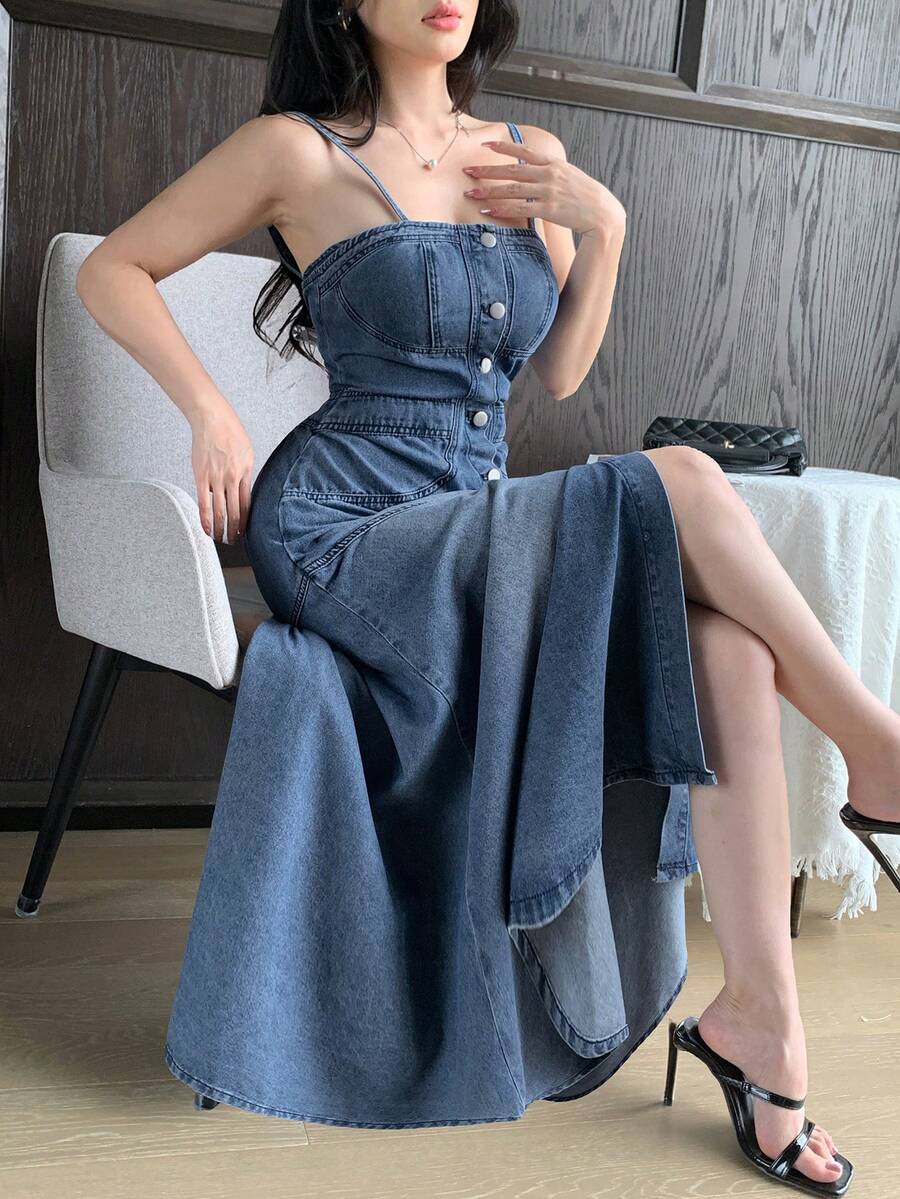 DAZY Đầm hai dây denim bạc màu, phong cách thường ngày dành cho nữ, thích hợp cho mùa xuân và mùa hè. - Màu xanh lam - Xem 1