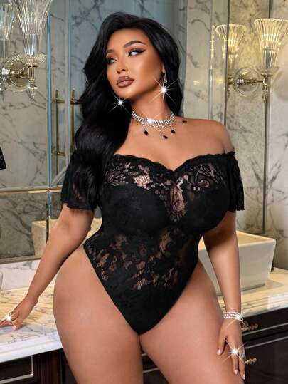 NU&NOW Lace Sexy Sheer Floral Patchwork Ruffle V-Neck Off-Shoulder Flare Sleeve Plus Size Black Bodysuit, Suitable For Night Dates, Parties