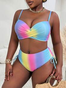 Slaydiva Plus Size Women 2pcs/Set Random Print Underwire Bikini Swimwear, Casual Holiday Outfit - Multicolor - View 3