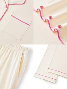 LUVLETTE Soft 100% Pure Cotton Contrast Trim Short-Sleeve Basic Button-Up Top & Pants Loungewear Pajama Set - Beige - View 4