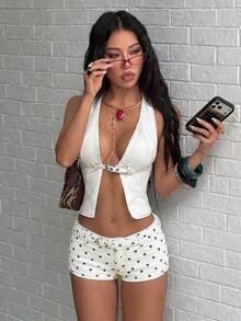 Shorts de Mezclilla Ajustados de Color Sólido Estilo Y2K para Mujer de - Blanco - Ver 6